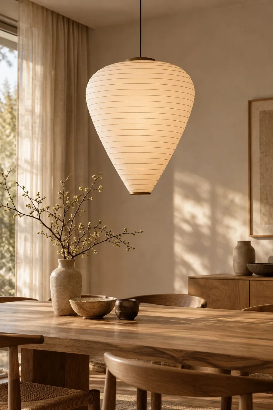 Drop: a wide teardrop paper pendant glowing over a wooden dining table