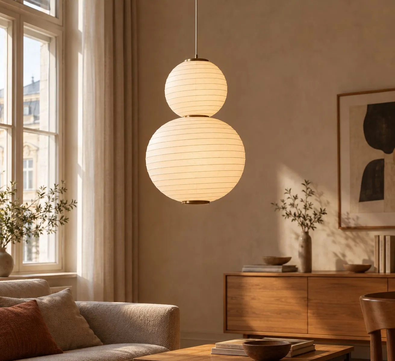 Duo: two stacked paper spheres hanging in a bright living room