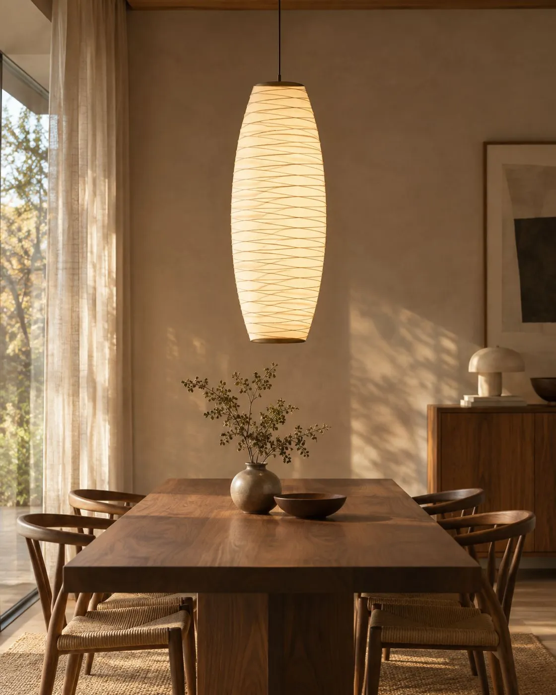 Spindle: a tall slim paper pendant with crossing ribs above a dining table